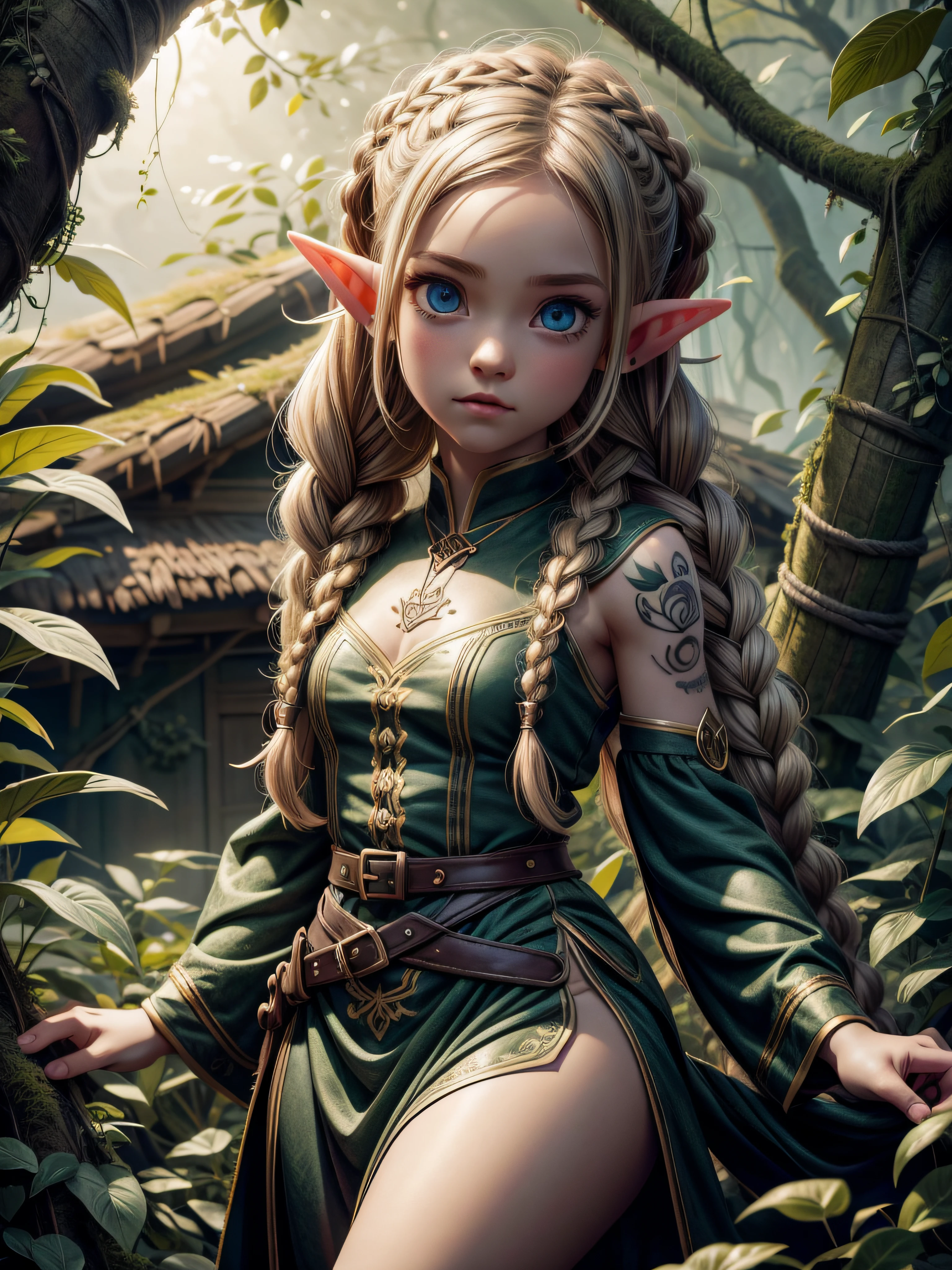 elf cute , looking at viewer,  piercing ear, tattoos on body, in a little elf tree house, wearing cute dress, long one braids hair, anime pose, full body, hyper detailed eyes, hyper detailed face 16k, 8k, RAW photo, best quality, masterpiece, high detail RAW color photo, dramatic lighting, cinematic lighting, back light, professional lighting