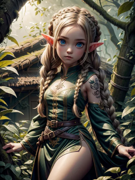elf cute little girl, looking at viewer,  piercing ear, tattoos on body, in a little elf tree house, wearing cute dress, long on...