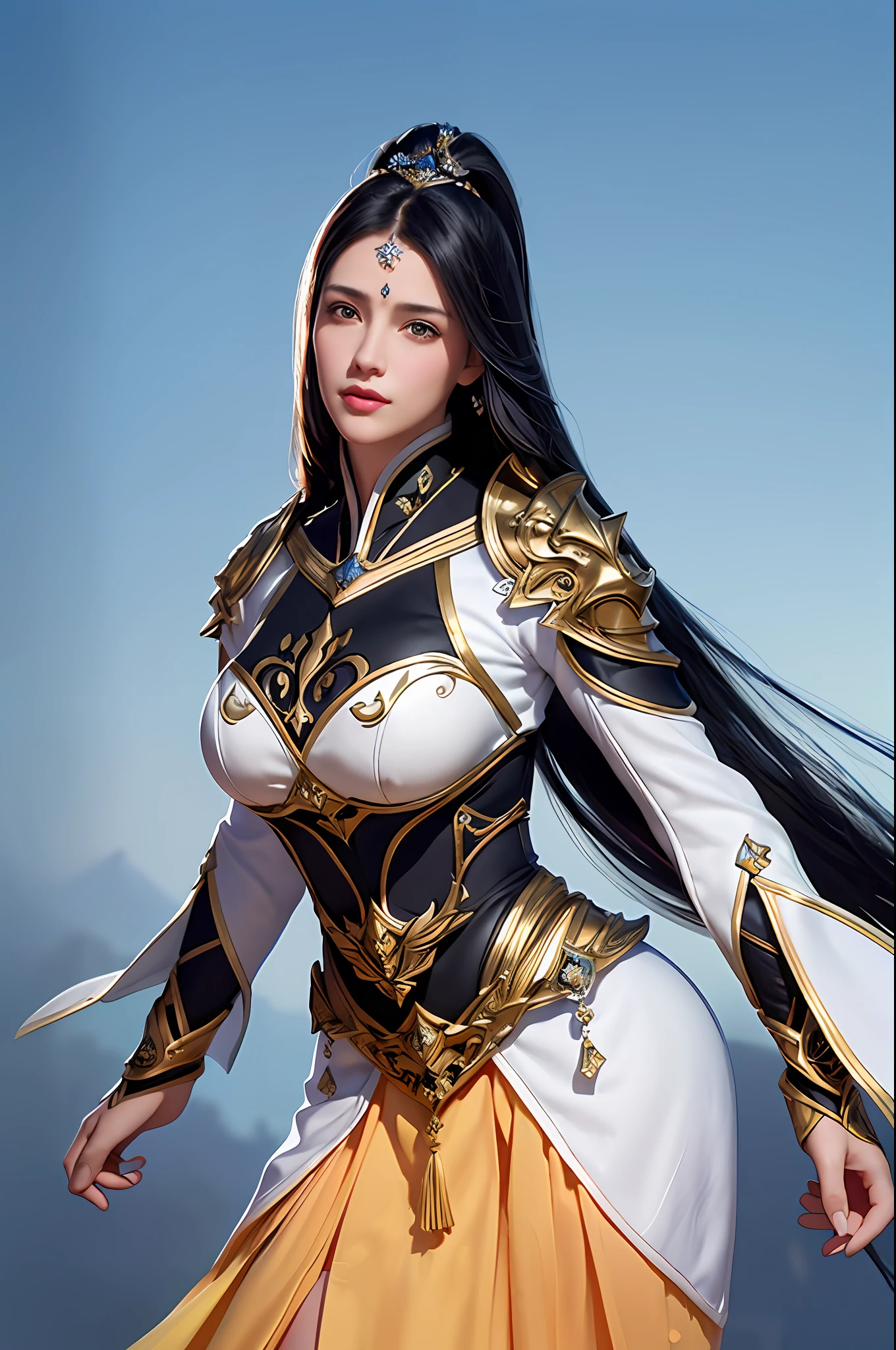 1girl, depth of field, official art, unity 8k wallpaper, ultra detailed, illustration, beautiful and aesthetic, masterpiece, best quality, knight, (big breasts), (milf, mature female), (black armor, armor, breastplate), beautiful face, (long hair, black hair,  very straight hair:1.4, hime cut:1.4), blue eyes, cowboy shot, glowing skin, back lighting, athletic figure, muscular female, curvy, wide hips, colorful, looking at viewer, Hyperrealistic, gradient background, dark background, outline, fantasy, from the front, watercolor, traditional media, (chromatic aberration, intricate details)
