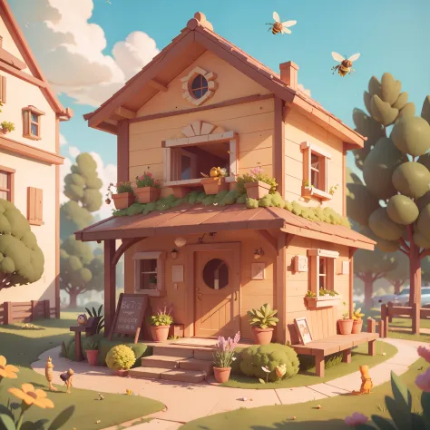 Game architectural design, Cartoony,Bee house，Bees match the building，casual game style, 。.。.3D, blender，closeup cleavage，tmasterpiece，super detailing，best qualtiy