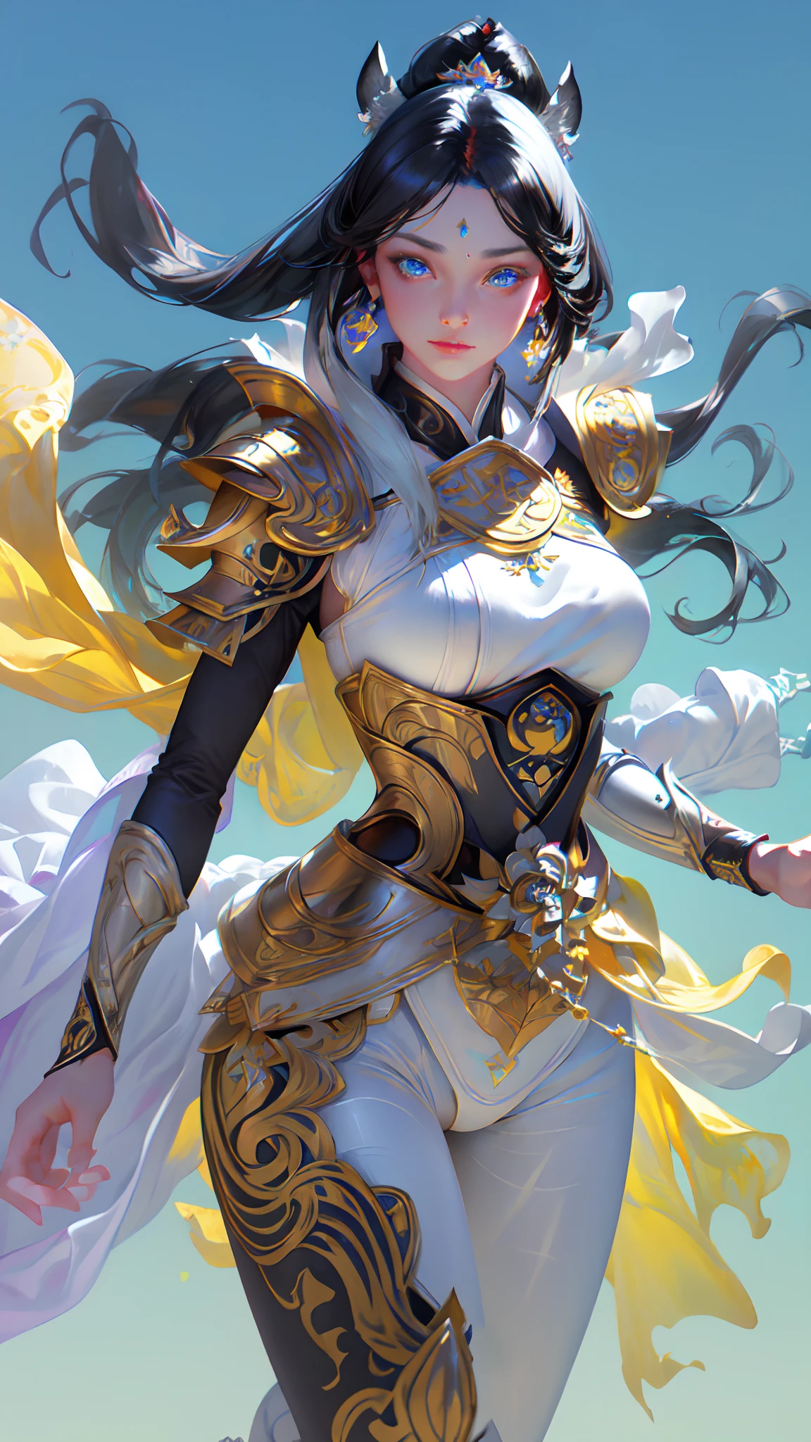 1girl, depth of field, official art, unity 8k wallpaper, ultra detailed, illustration, beautiful and aesthetic, masterpiece, best quality, knight, (big breasts), (milf, mature female), (black armor, armor, breastplate), beautiful face, (long hair, black hair,  very straight hair:1.4, hime cut:1.4), blue eyes, cowboy shot, glowing skin, back lighting, athletic figure, muscular female, curvy, wide hips, colorful, looking at viewer, Hyperrealistic, gradient background, dark background, outline, fantasy, from the front, watercolor, traditional media, (chromatic aberration, intricate details)