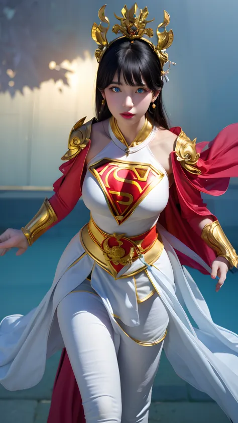 Game character, East Asian original art character design, 1girll, Solo,[:(Gradient background:1.5):40],full bodyesbian, Big breasts, Supergirl costume dress