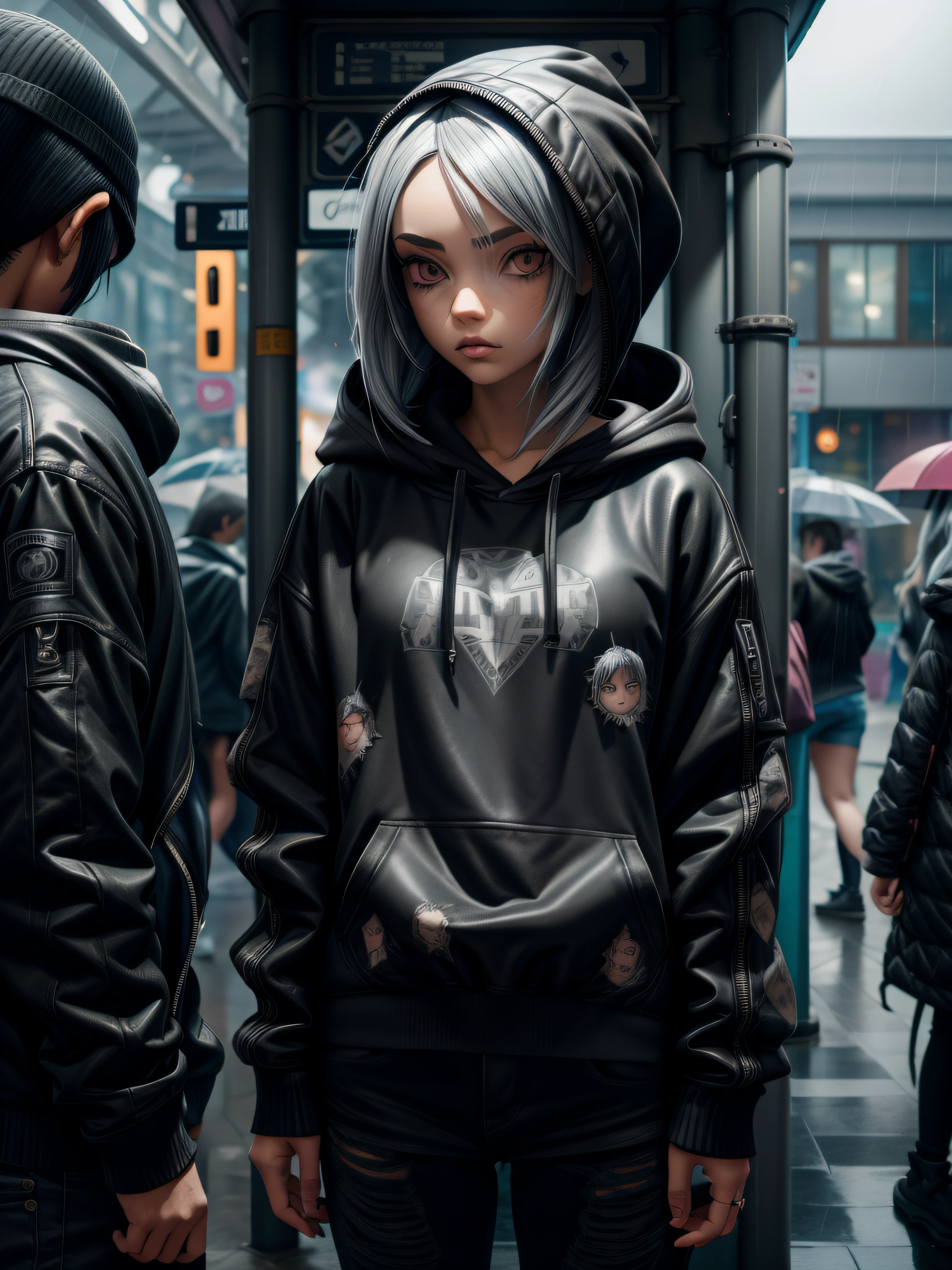 goth girl, wearing black hoodie and jeans, gray hair, hands on hoodie pocket, (in public bus stand), many people in around, rainy day, full body, (hyper detailed eyes, hyper detailed face), 16k, 8k, RAW photo, best quality, masterpiece, high detail RAW color photo, dramatic lighting, cinematic lighting, back light, professional lighting