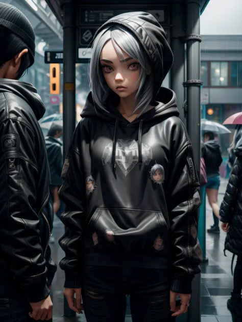goth girl, wearing black hoodie and jeans, gray hair, hands on hoodie pocket, (in public bus stand), many people in around, rain...