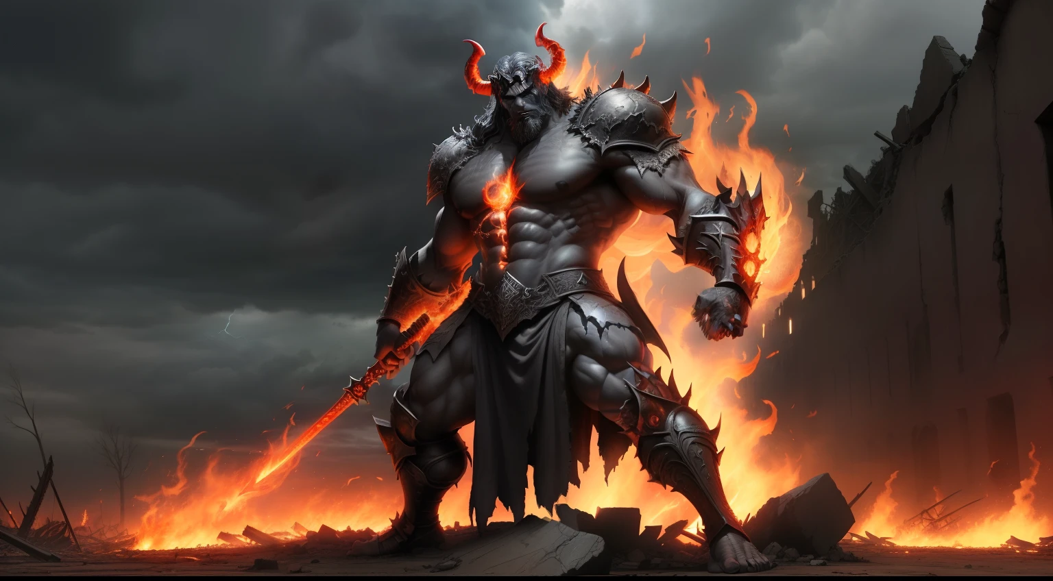 A majestic representation of the Devil standing over the wreckage of an apocalypse. His imposing figure is intricately carved, with flames in shades of orange and red dancing around him. He holds a black scepter studded with jewels, radiating evil energy. In the background, the scene is desolate and chaotic, with stormy skies and spreading darkness. The epic battle between the forces of good and evil is portrayed in the fierce expressions of the fighting warriors. Environment: A world in ruins, with collapsed buildings and an apocalyptic landscape. Atmosphere: Dark, charged with tension, with an air of imminent final conflict. Style: Bronze sculpture with highly realistic details. Execution: Digitally sculpted in high resolution, with an emphasis on the textures of the flames and skin.