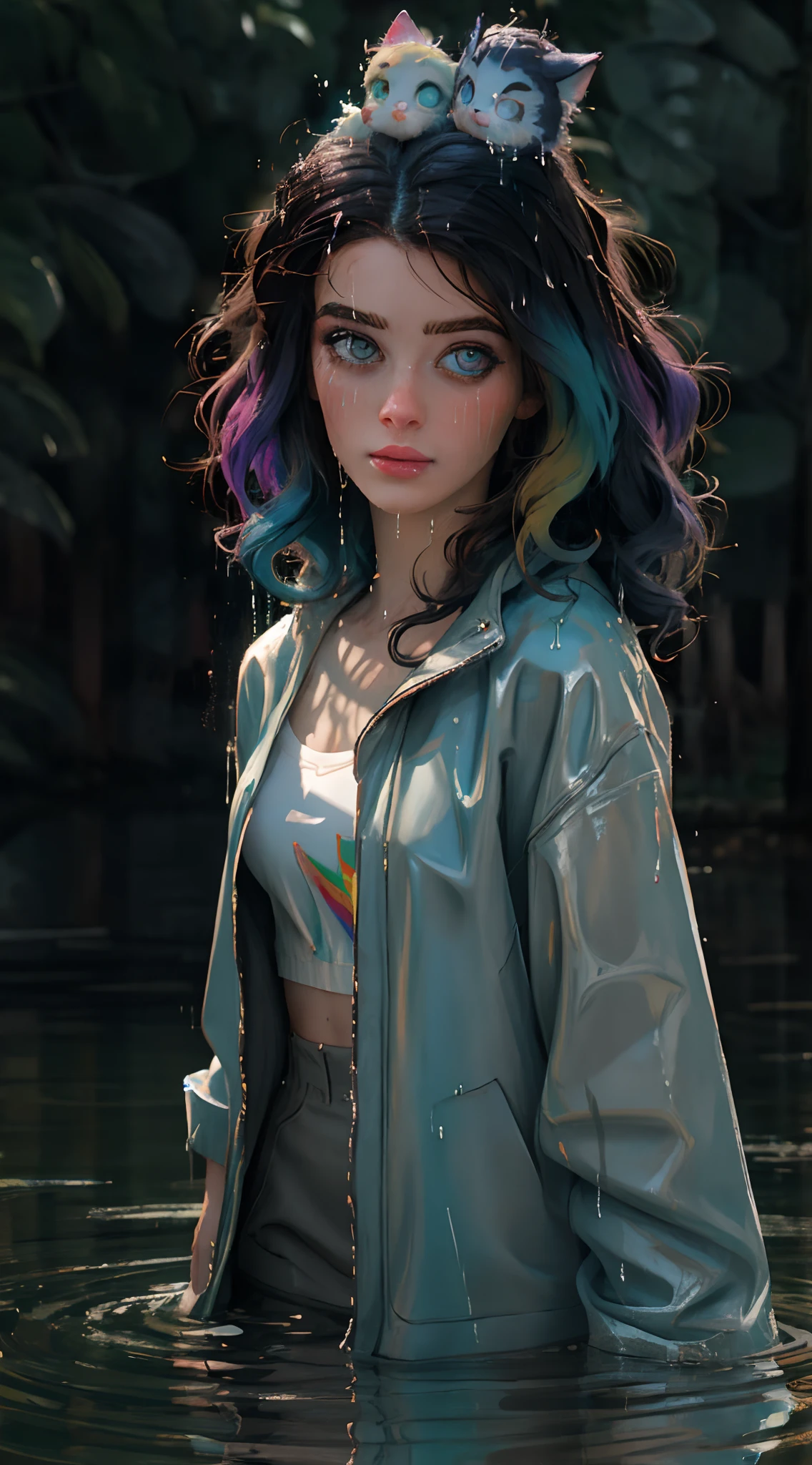 a woman with colorful hair standing in a stream of water, the curls are smeared with paint of different colors rainbow, a cute and beautiful young woman, hyper real photo, she is wearing a wet coat, beautiful young catgirl, dripping technique, discord pfp, 10 bit colour, neatly coming out of her head, spray, hdr, 8k