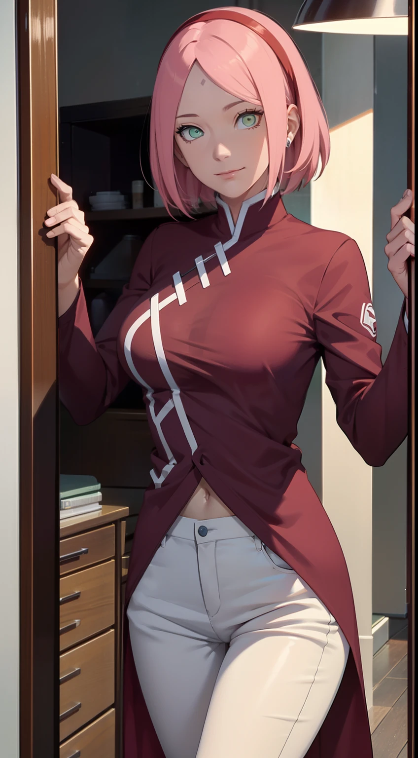 Anime girl in a red shirt and white pants posing for a picture - SeaArt AI