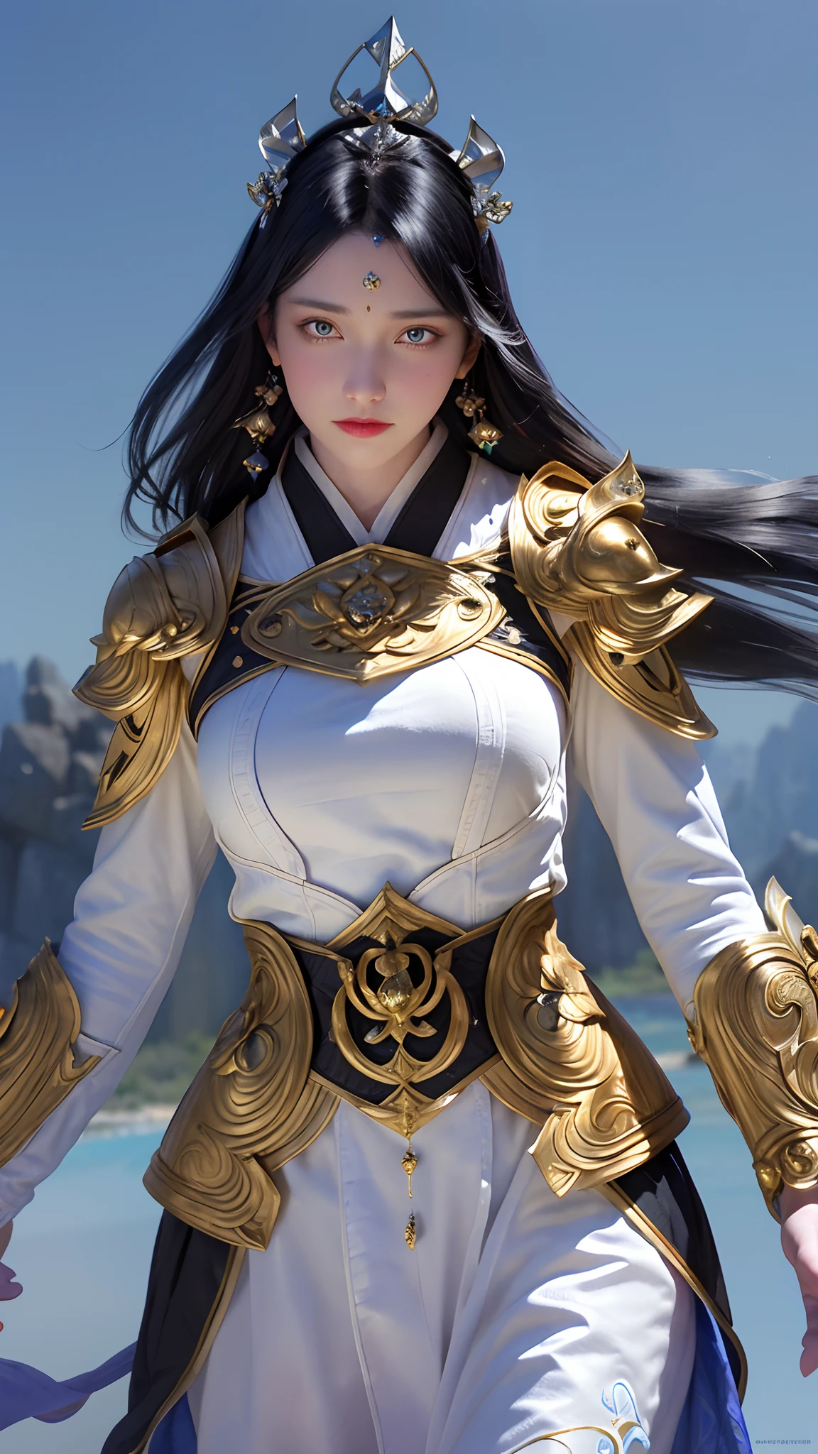 1girl, depth of field, official art, unity 8k wallpaper, ultra detailed, illustration, beautiful and aesthetic, masterpiece, best quality, knight, (big breasts), (milf, mature female), (black armor, armor, breastplate), beautiful face, (long hair, black hair,  very straight hair:1.4, hime cut:1.4), blue eyes, cowboy shot, glowing skin, back lighting, athletic figure, muscular female, curvy, wide hips, colorful, looking at viewer, Hyperrealistic, gradient background, dark background, outline, fantasy, from the front, watercolor, traditional media, (chromatic aberration, intricate details)