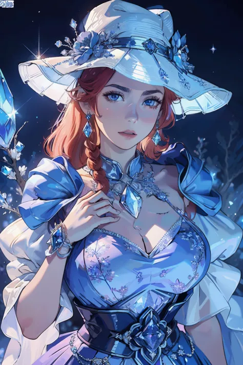 Bust of a beautiful noble maiden，Redhead elegantly coiled，(((Huge crystal on the chest)))，（(Wear a big skirt(blue colors)bucket-...