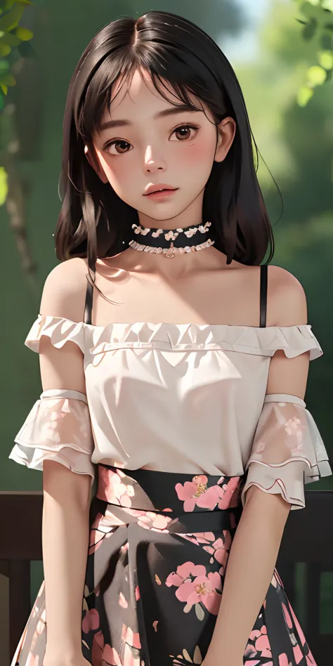 (best quality, masterpiece), 1girl, intricate details, off shoulder, skirt, choker, frills, see-through, looking at viewer, blush, upper body, blurry background, floral print, contrapposto