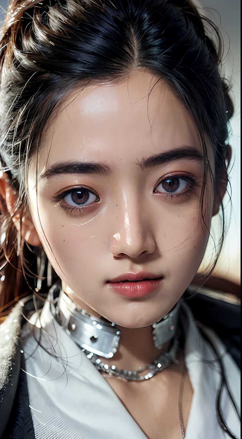 8k, best quality, masterpiece, realistic, ultra detail,  photography, HDR, ROW photo, highres, absurdres, cinematic light, official art, depth of field,
close-up, slender, cute face, smile, beautiful details eyes, 19years old korean, pretty, Mohawk with silver color,