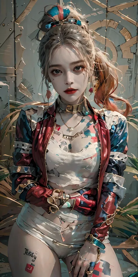 photorealistic, high resolution, soft light,1women, solo, hips up, (detailed face), jewelry, harley quinn, jewelry, tattoo