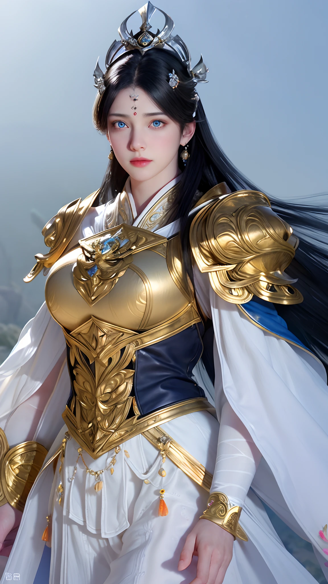 upper body, 1girl, depth of field, official art, unity 8k wallpaper, ultra detailed, illustration, beautiful and aesthetic, masterpiece, best quality, knight, (big breasts), (milf, mature female), (black armor, armor, breastplate), beautiful face, (long hair, black hair,  very straight hair:1.4, hime cut:1.4), blue eyes, cowboy shot, glowing skin, back lighting, athletic figure, muscular female, curvy, wide hips, colorful, looking at viewer, Hyperrealistic, gradient background, dark background, outline, fantasy, from the front, watercolor, traditional media, (chromatic aberration, intricate details)