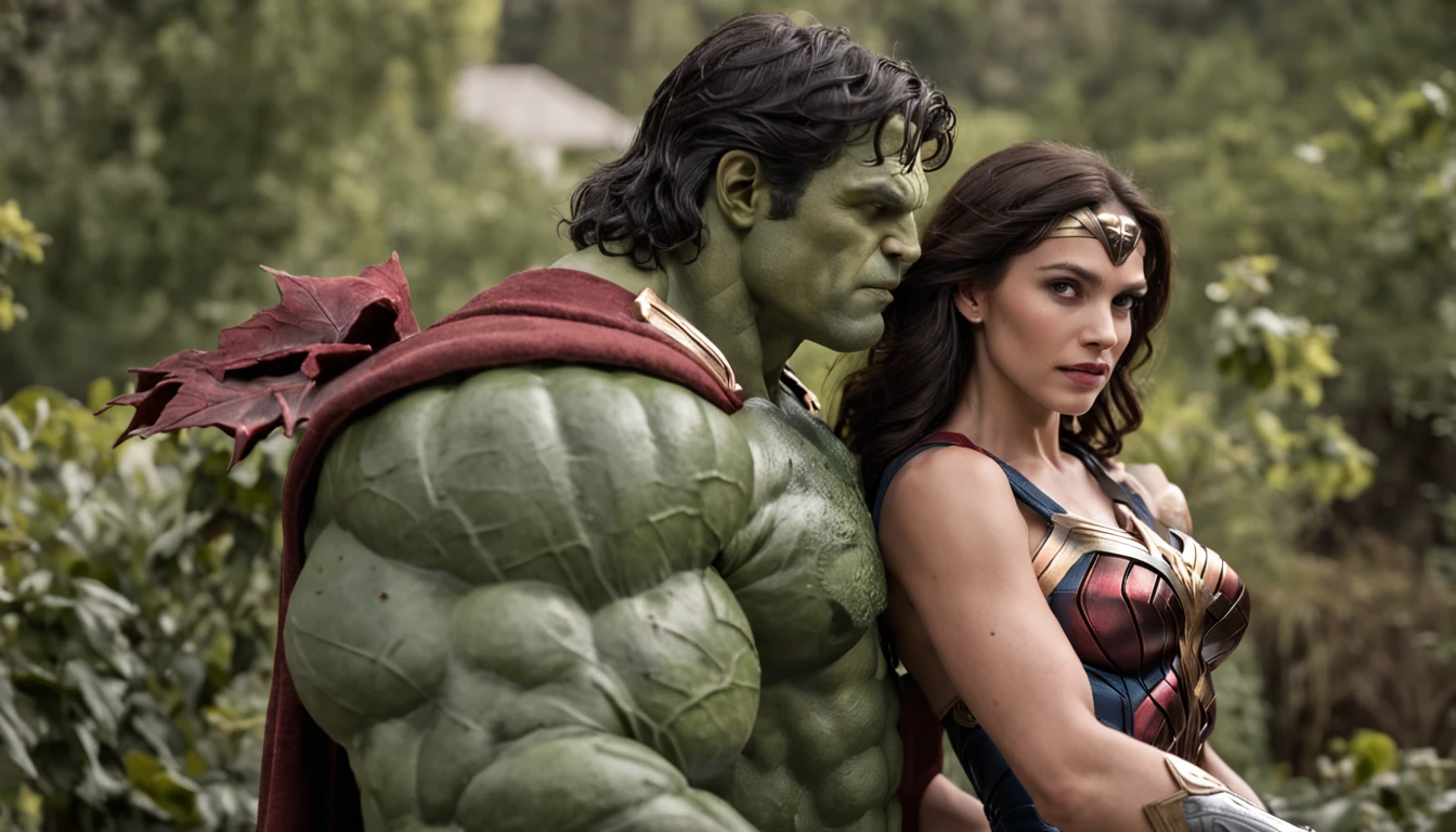 A close up of a woman and a man dressed as the hulk and wonder - SeaArt AI