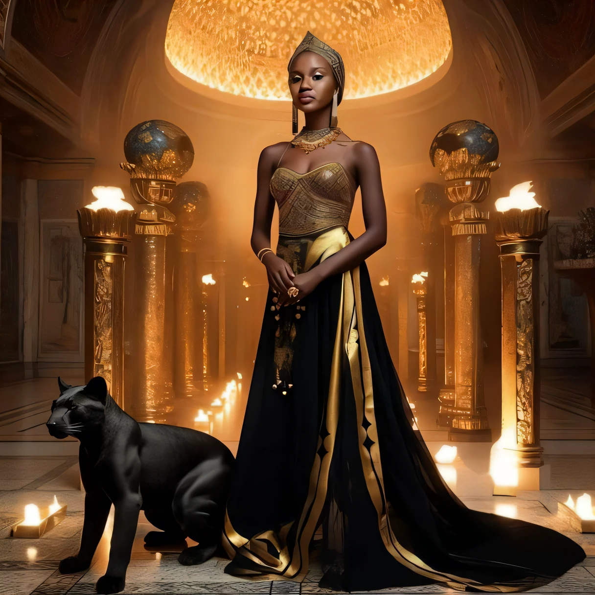 A woman in a black and gold dress standing next to a cat - SeaArt AI