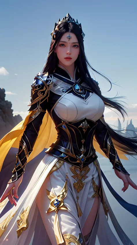 1girl, depth of field, official art, unity 8k wallpaper, ultra detailed, illustration, beautiful and aesthetic, masterpiece, best quality, knight, (big breasts), (milf, mature female), (black armor, armor, breastplate), beautiful face, (long hair, black ha...