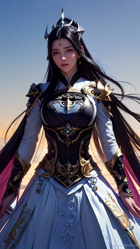 upper body, 1girl, depth of field, official art, unity 8k wallpaper, ultra detailed, illustration, beautiful and aesthetic, masterpiece, best quality, knight, (big breasts), (milf, mature female), (black armor, armor, breastplate), beautiful face, (long ha...
