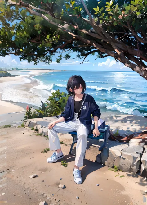 there is a young boy sitting on a bench by the beach, standing at the beach, posing on a beach with the ocean, sitting at the be...