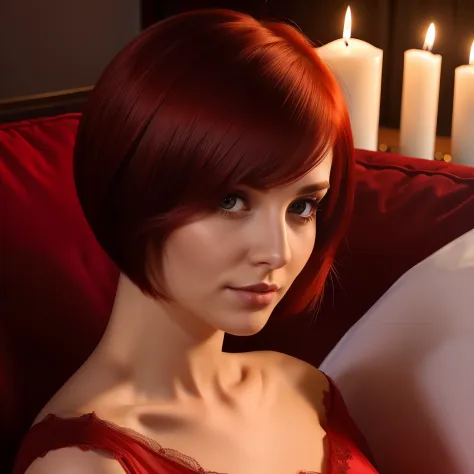 Stunning 30 year old woman with short hair, straight hair, red hair in night gown on sofa. Soft candle lighting. Close up face s...