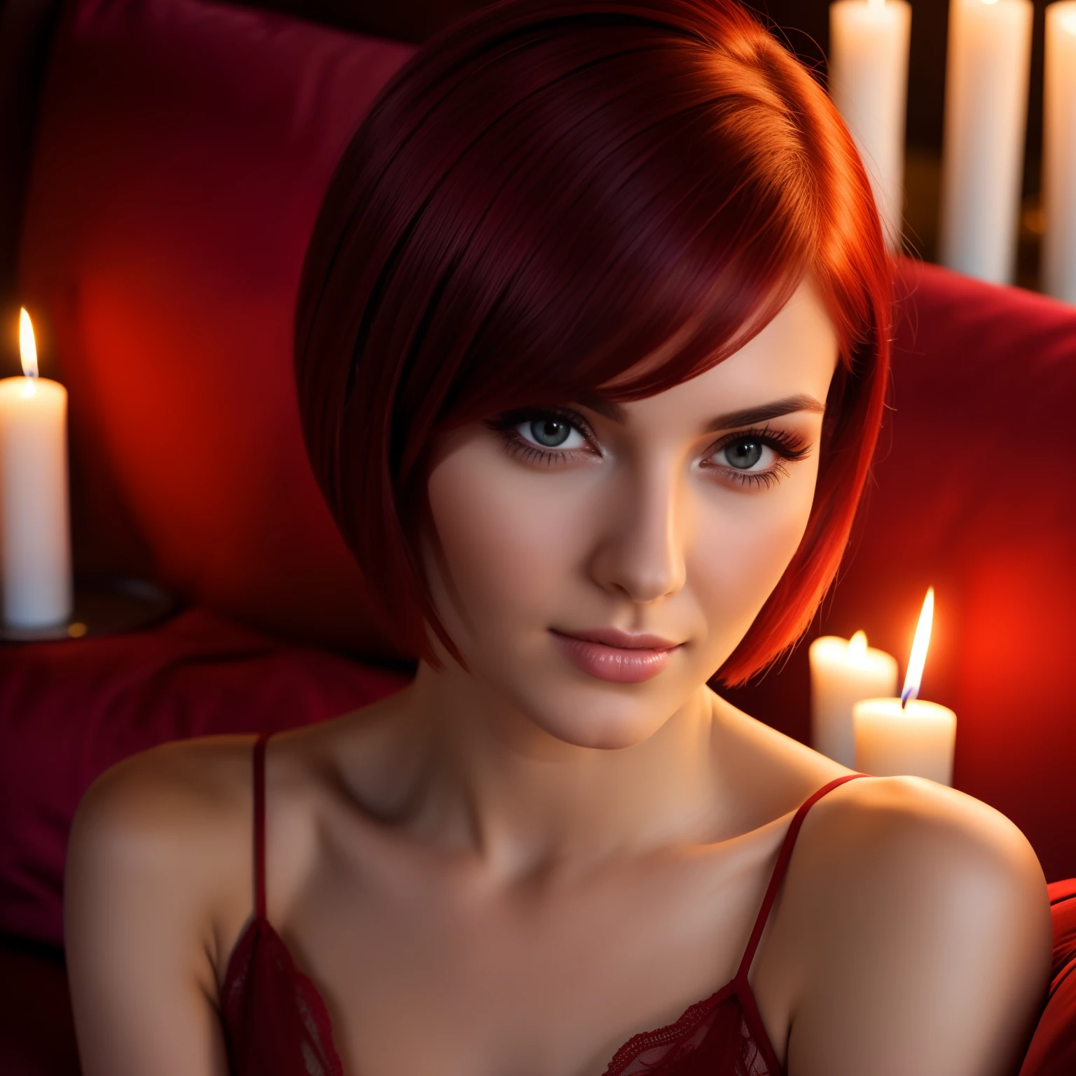 Stunning 30 year old woman with short hair, straight hair, red hair in night gown on sofa. Soft candle lighting. Close up face shot