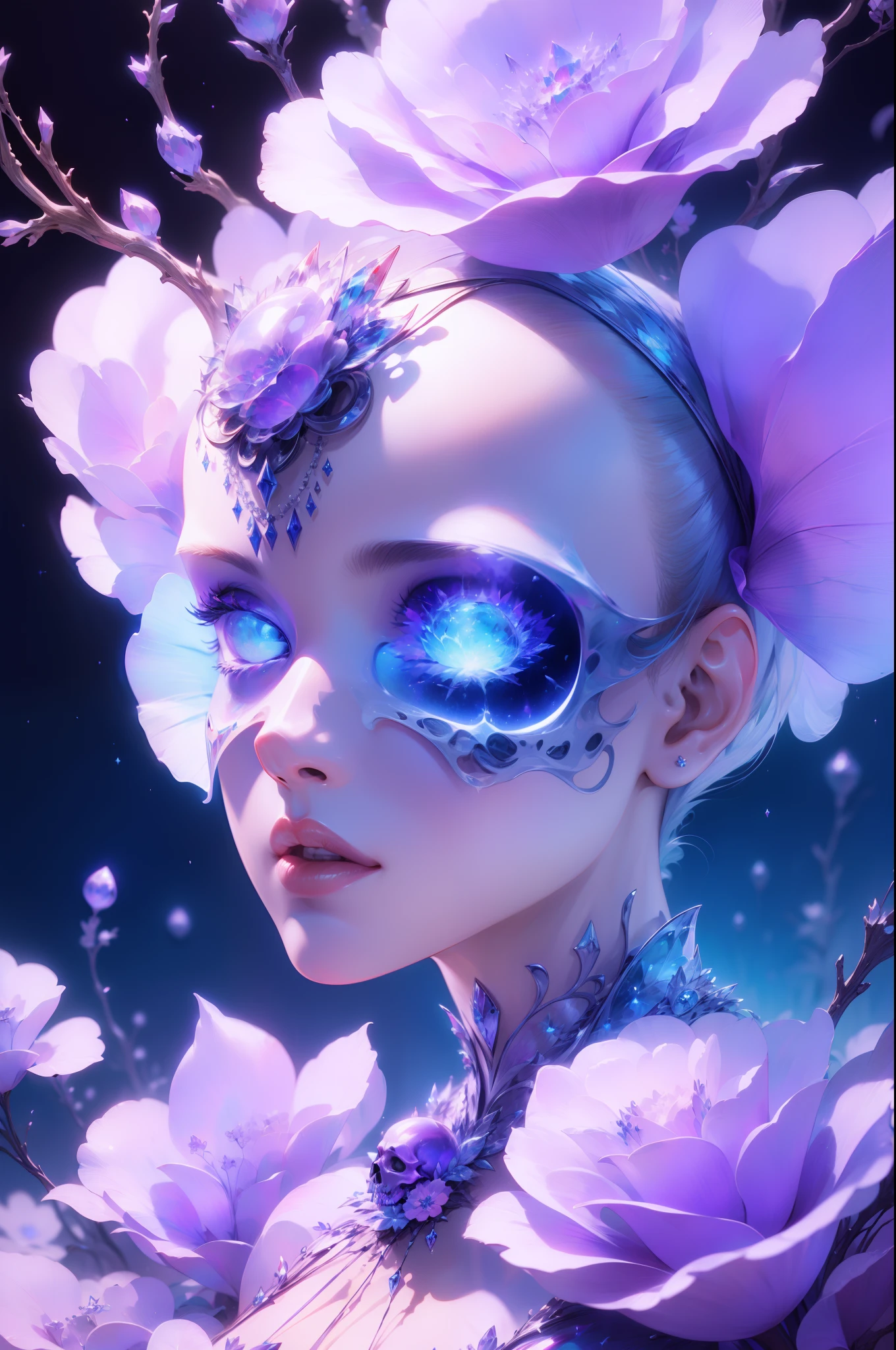 Huge purple skull，Poor milk，Blue crane，Wearing a blue, red and white princess dress，Close-up of upper body，Close-up photos，jewelery，Visions of heaven and earth，The background is the Milky Way and the Universe，Vitreous luster