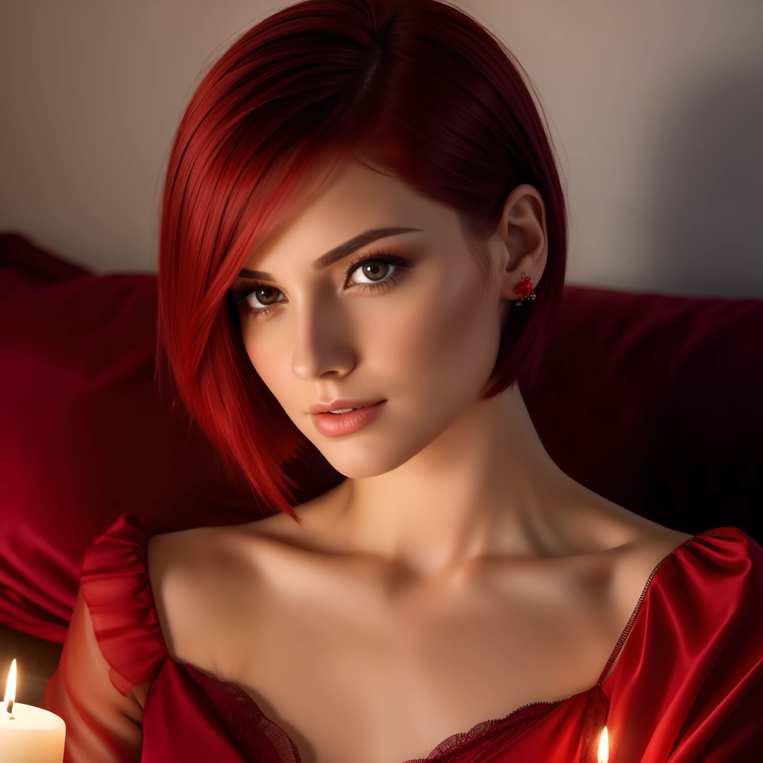 Impressionante mulher de 30 anos com cabelo curto, cabelo liso, cabelo ruivo em vestido de noite no sofá. iluminação suave de velas. fechar foto no rosto