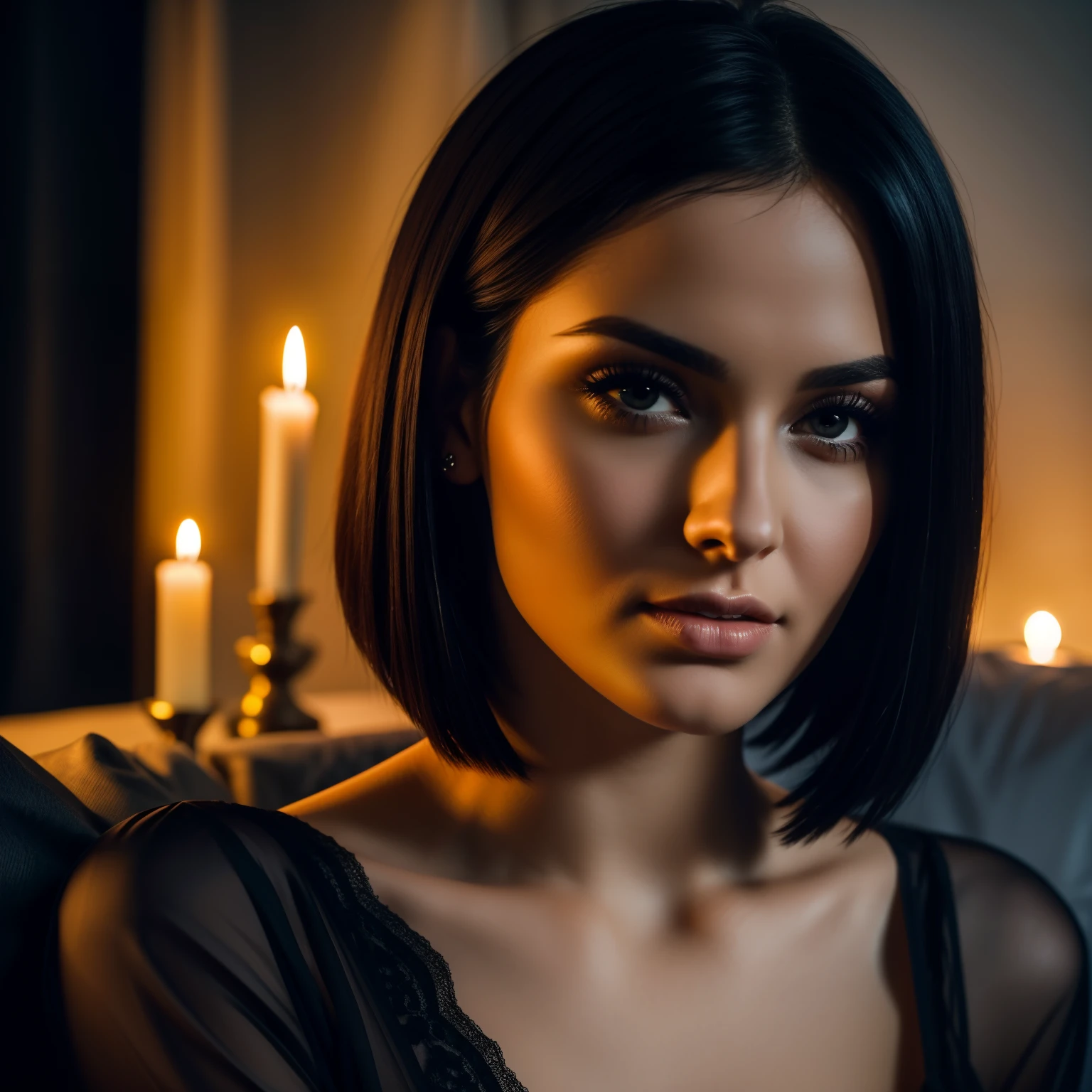 30岁女人短发发型图片, 直发, 沙发上穿着睡袍的黑发. 柔和的蜡烛照明. 特写脸部拍摄