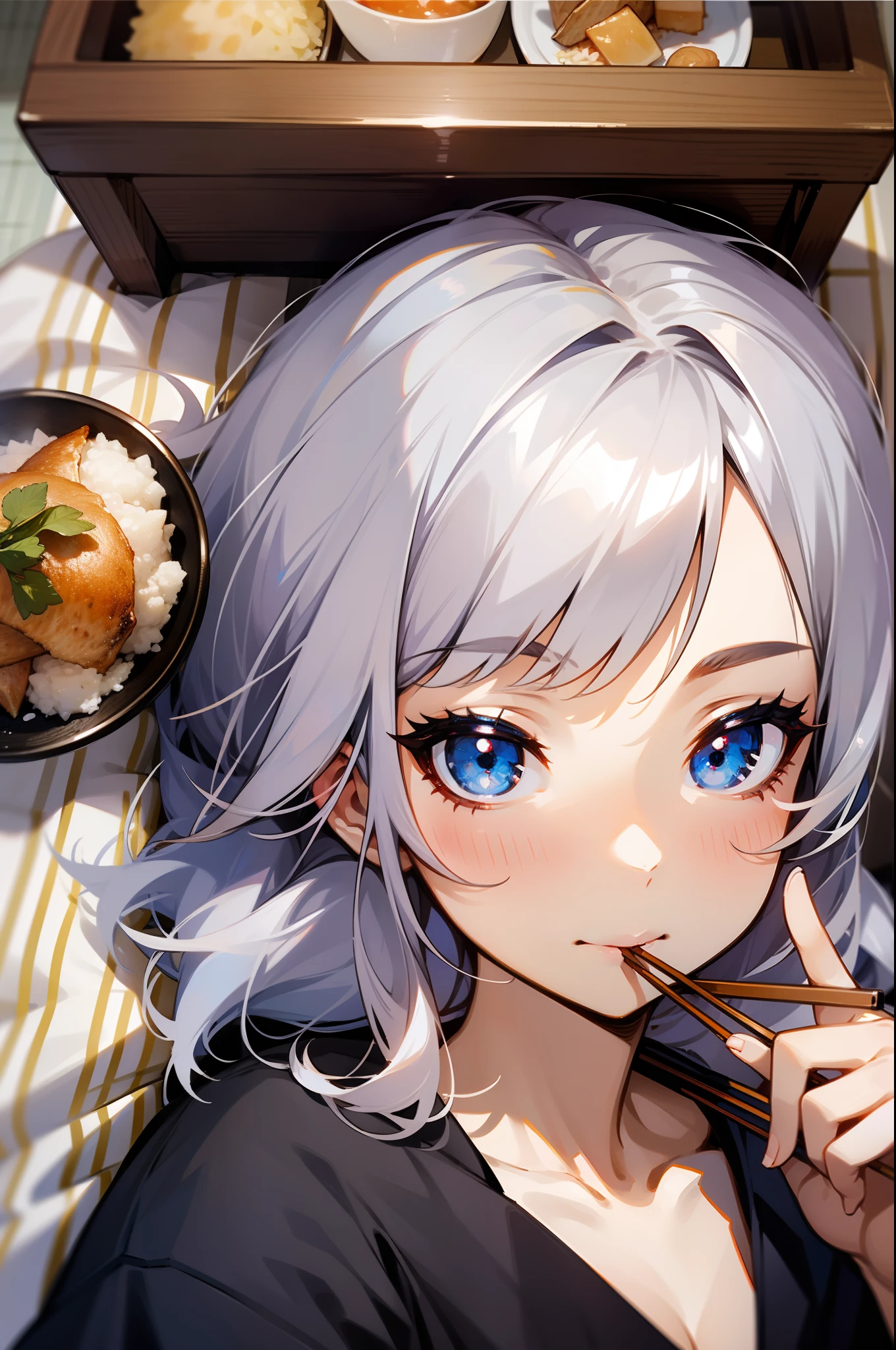 girl with、silber hair、Blue eyes、Lying on the futon、Eat katsudon、Holding chopsticks in your right hand