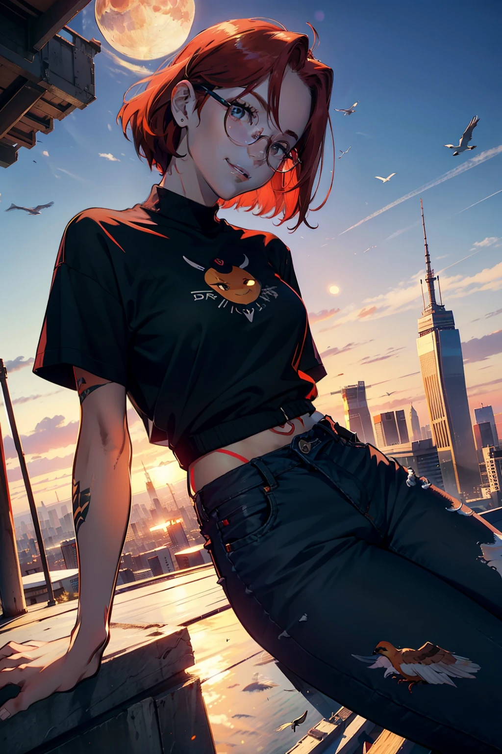 young redhead girl, smiling, red hair, sun and moon tattoo on arm, black top, jeans, brown eyes, wearing glasses, on top of a skyscraper, birds far away in the sky, sun behind, sunset, majestic landscape, 4k , masterpiece, detailed face,