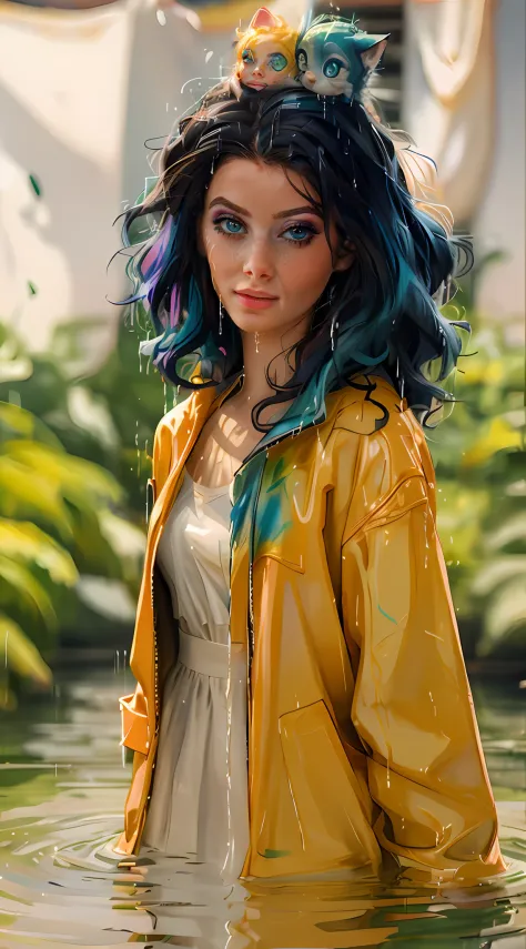 a woman with colorful hair standing in a stream of water, the curls are smeared with paint of different colors rainbow, a cute a...