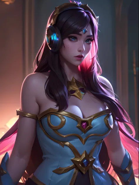 (League of Legends:1.5), 1girl, long hair, solo, dress, petals, hair ornament, pink dress, brown hair, bare shoulders, black hair, very long hair, veil, jewelry, see-through, off shoulder
high res,an extremely delicate and beautiful,huge_filesize,(realisti...