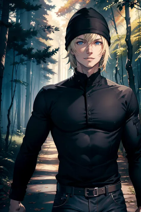 young man, blond hair, blue eyes, smiling, wearing black shirt, black bonnet, jeans pants ,muscular body, in a scenic forest, ex...