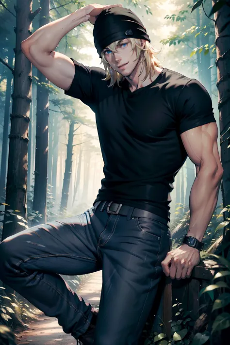 young man, blond hair, blue eyes, smiling, wearing black t-shirt, black bonnet, jeans pants ,muscular body, in a scenic forest, ...