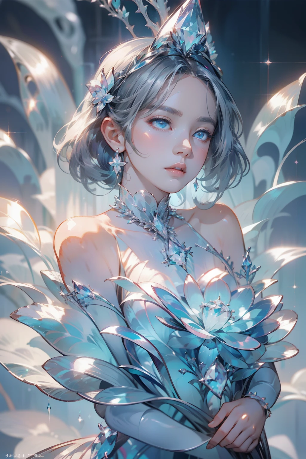The hair is covered with beautiful and delicate floral craftsmanship, Crystal jewelry filigree，jewelry，Ultra-detailed details，Beautiful aristocratic girl，Gray hair is elegantly coiled，(((Silvertone)))，golden colored。Blue and purple clear eyes，crystal，Illusion