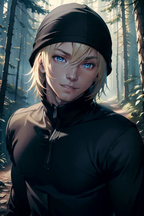 young man, blond hair, blue eyes, smiling, wearing black sweatshirt, black bonnet, jeans pants ,muscular body, in a scenic fores...