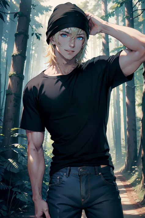 young man, blond hair, blue eyes, smiling, wearing black t-shirt, black bonnet, jeans pants ,muscular body, in a scenic forest, ...