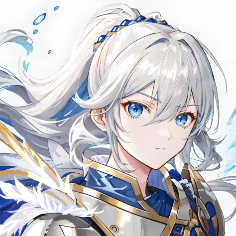 animemanga girl，Human Knight，Human General，grey long hair，With a ponytail，Bangs refer to this picture，Blue armor，Golden cape，blue color eyes，look to the front，A reference to this image by the face，The expression of the character is the same as this picture...