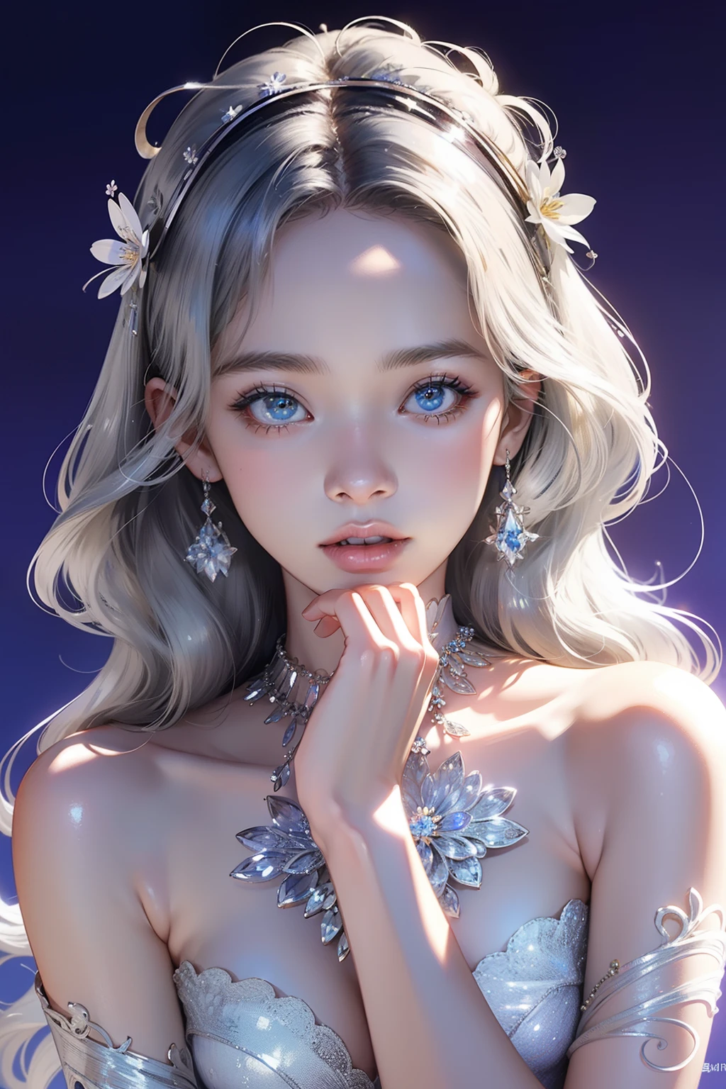 The hair is covered with beautiful and delicate floral craftsmanship, Crystal jewelry filigree，jewelry，Ultra-detailed details，Beautiful aristocratic girl，Gray hair is elegantly coiled，(((Silvertone)))，(golden colored)。Blue and purple clear eyes，crystal