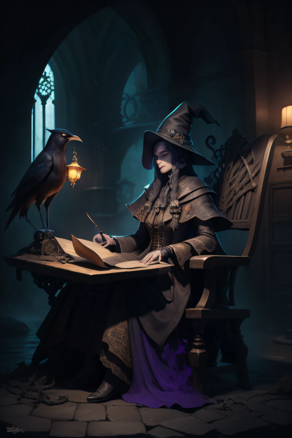 Uma velha bruxa sentada em uma cadeira calddirao ao fundo e segurando um corvo sonyster