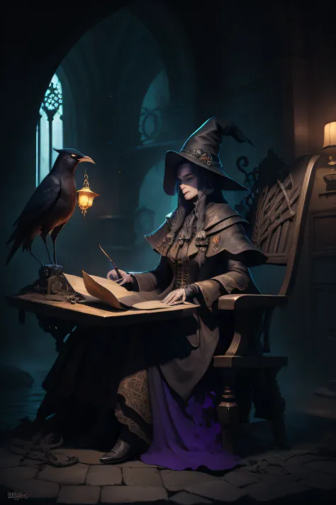 An old witch sitting in a calddirao chair in the background and she's holding a sonyster crow