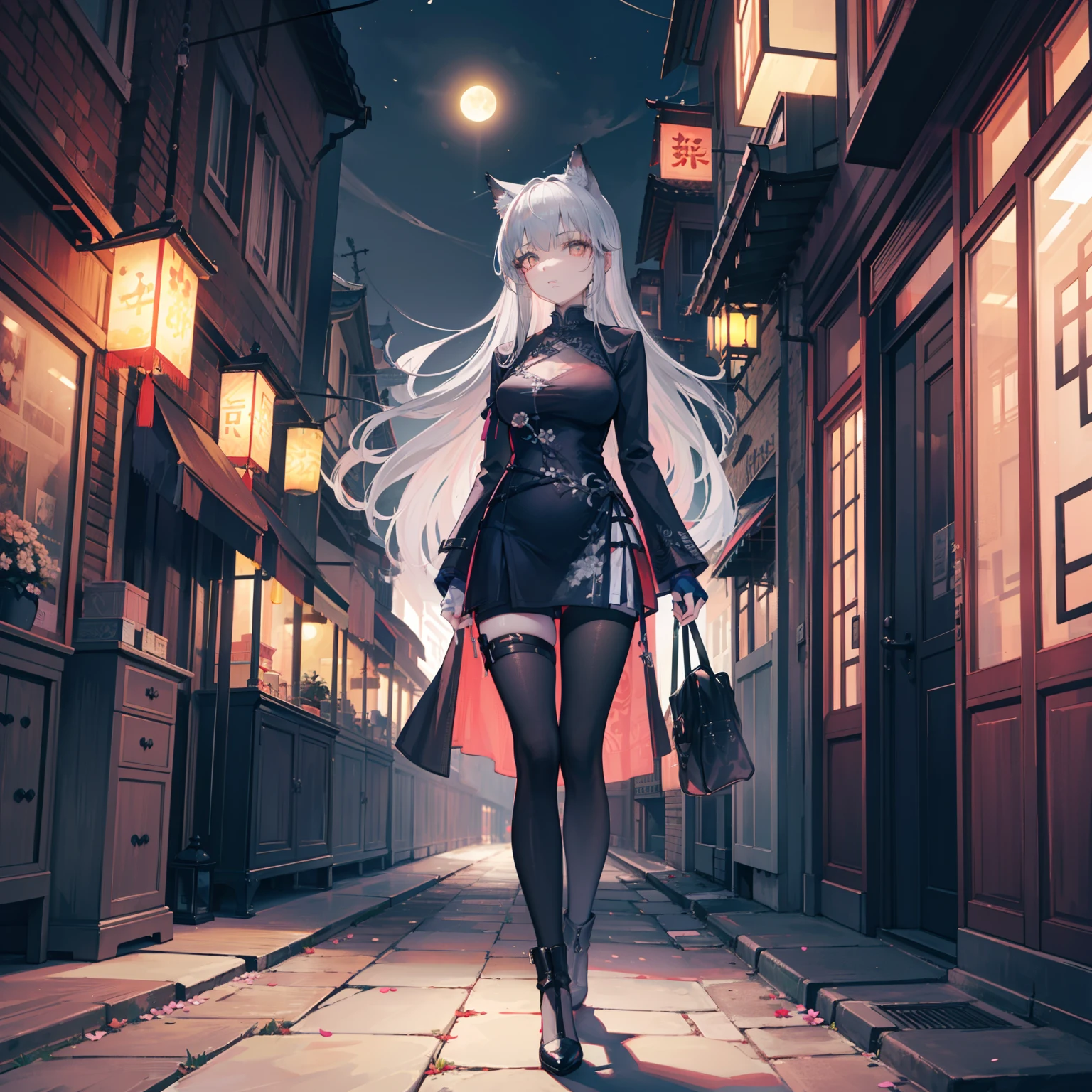Masterpiece, Best quality, Night, full moon, 1 girl, Mature woman, Chinese style, Ancient China, The woman's grim expression, silver-white long hair, Light pink lips, calm, Intellectual, tribelt, Gray pupils, assassins, Flower lanterns, holding lantern, flower ball background, Stroll through the street landscape