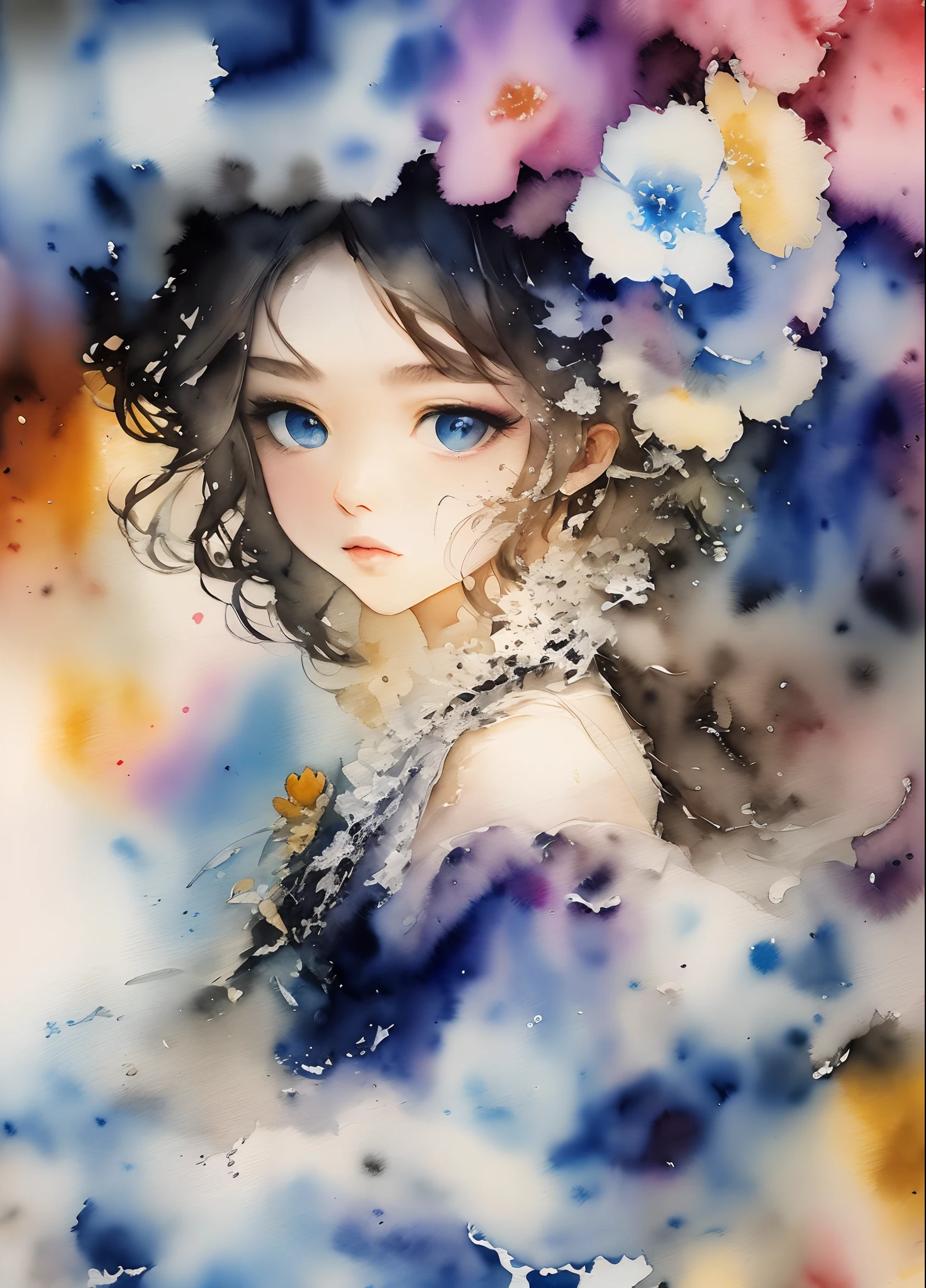 (masterpiece),(best quality:1.1),(ultra-detailed),best illustration,finely detail,(watercolor drawings：1.4),(hand-painted：1.2),(Watercolor brush hair),