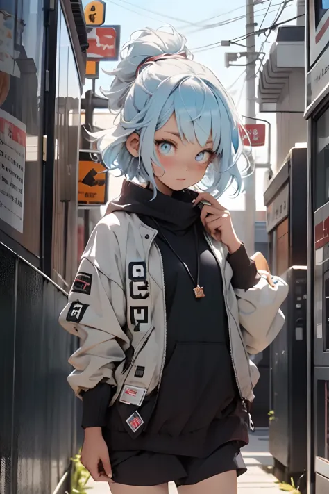 one-girl，light blue  hair，gray pupil，Stretch the body，baggy clothes