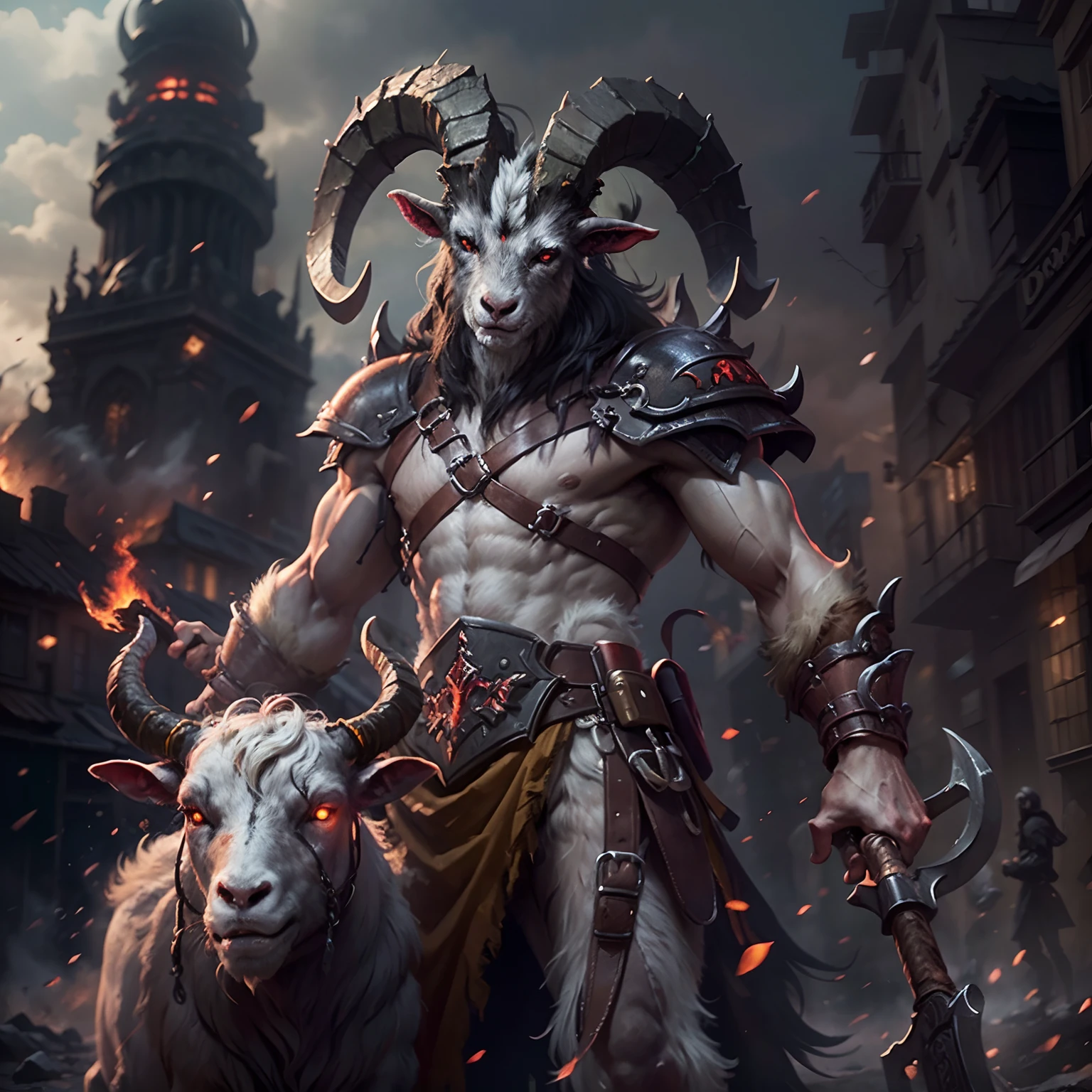 Goat-faced demon ，Wear military uniforms，Pick up the axe，red - eyed，unholy，Fierce，rampage ，White flames burned on the hands，Stand at the highest part of the city，Observe the city，Behind is the Demon Legion，Epic war fantasy digital art，tmasterpiece，high qulity，8K，UHD resolution，Detailed detail drawing，realisticlying，Very realistic，Cinematic light,an award winning photograph, nikon d850 film stock photograph 4 kodak portra 400 camera f1.6 lens rich colors hyper realistic lifelike texture dramatic lighting unrealengine trending on artstation cinestill 800,