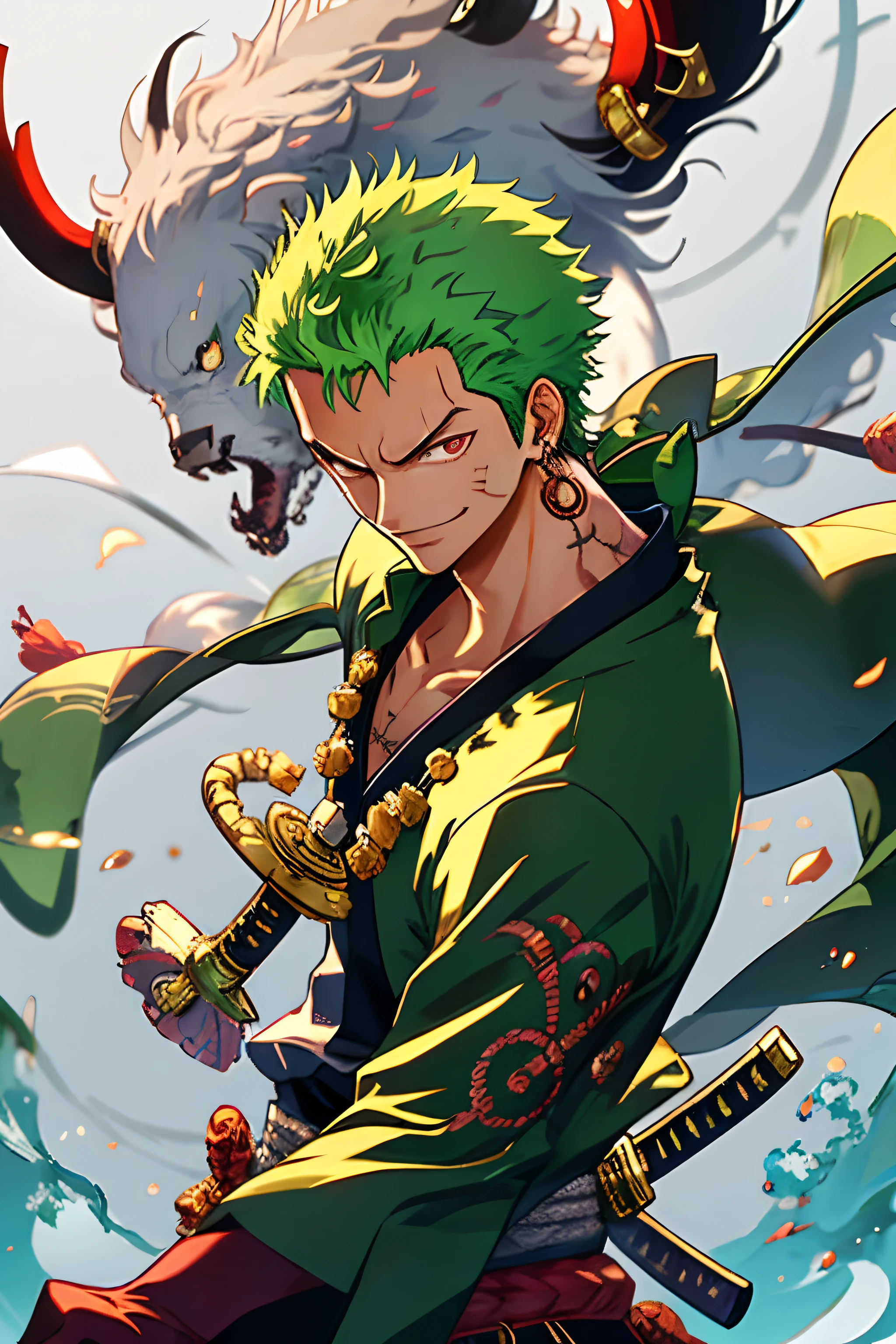 zoro, seulement, voir le spectateur, sourire, Cheveux courts, les yeux rouges, 1garçon, holding, bijoux, Haut du corps, arme, foyer masculin, des boucles d&#39;oreilles, vêtements japonais, cheveux verts, cornes, épée, commun, tenant une arme, Du côté Côté, Tatouage, embrasé, cicatrice, holdingépée, katana épées, cicatrices au visage, cicatrices sur les yeux