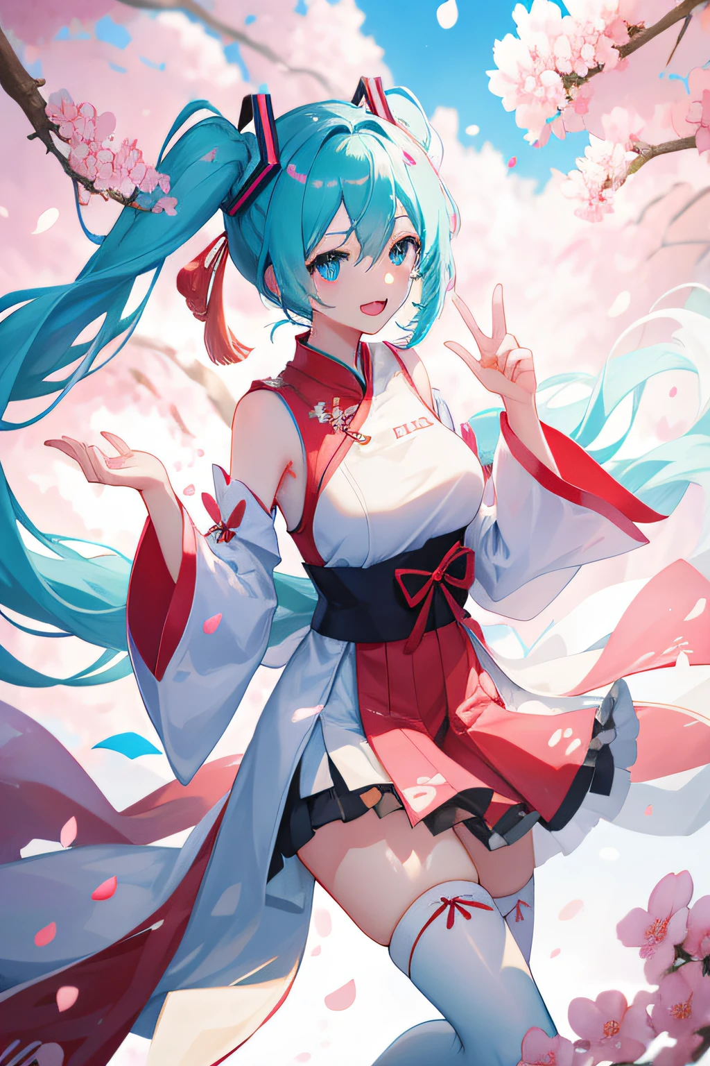 Big breasts Hatsune Miku，Wear a Chinese cheongsam，Red and white，Wear white stockings，And not a gesture of love，Hands should be normal，The hand should be intact，Hyper-detailing，Ancient wind，Super nice looking，4K Ultra HD，quadratic element，PC Wallpapers，face ultra detailed，The eyes are super good-looking，：D，The five fingers should be clearly displayed，There are cherry blossom petals falling，The fingers of the hand are clear