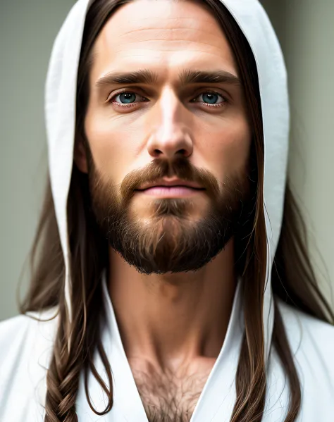 (symmetry),centered,a ((close)) up portrait,(Jesus),a very thin white man with long hair and a beard,wearing a long white robe,3...