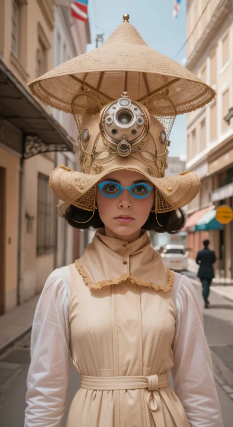 8k portrait of a 1960s science fiction film by Wes Anderson, em 1960, pastels colors, There are people wearing weird futuristic masks and wearing extravagant retro fashion outfits and men and women wearing alien makeup and old ornaments with mechanical pet...