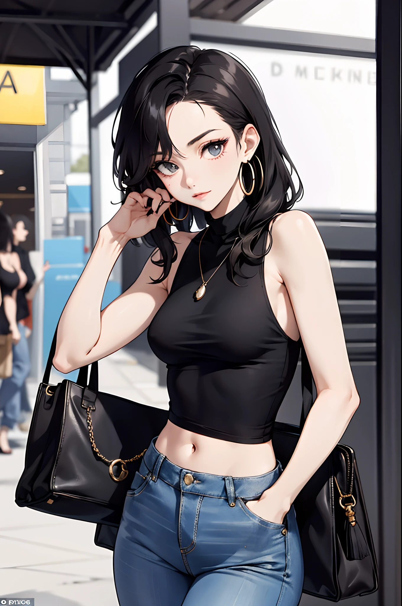 Anime girl with black hair and black top walking down the street - SeaArt AI