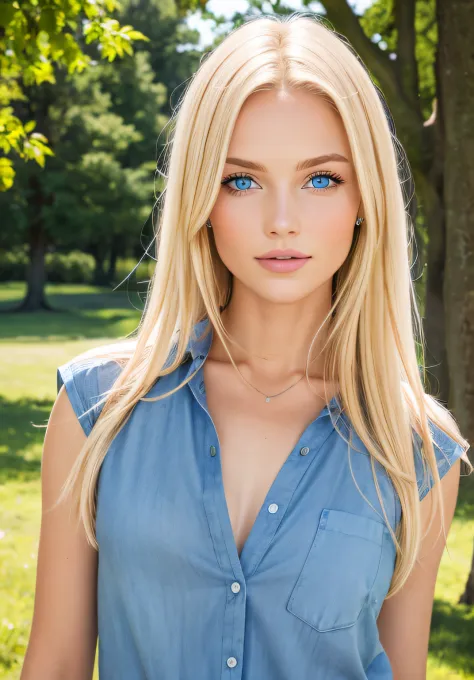 real model photograph, blonde, blue eyes, outdoors